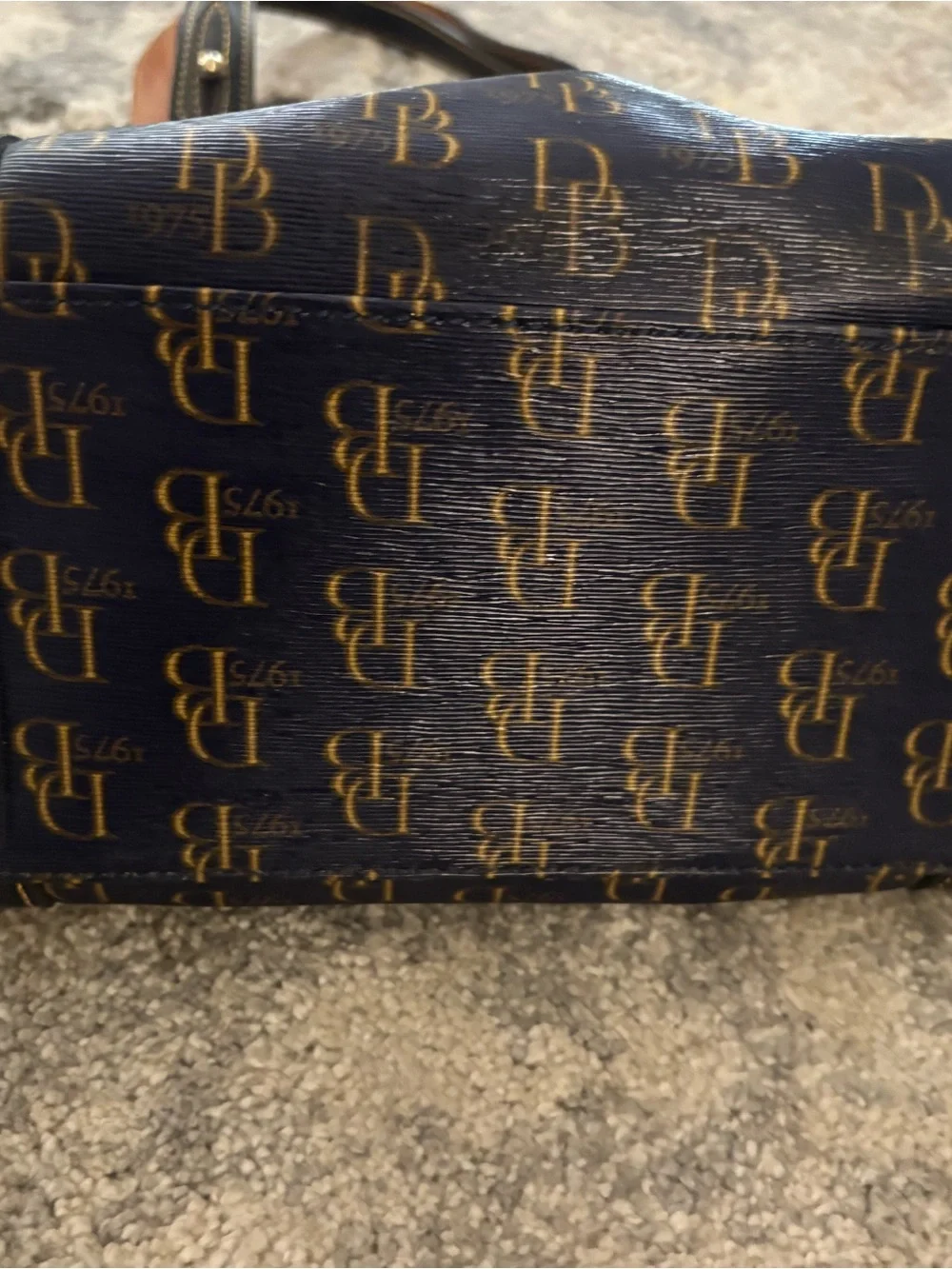 Dooney & Bourke Navy Logo Tote with Tan and Black Accents